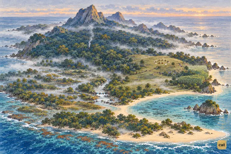 The Neverland before dawn, mist on the stream and a ring of tiny figures on a grassy rise