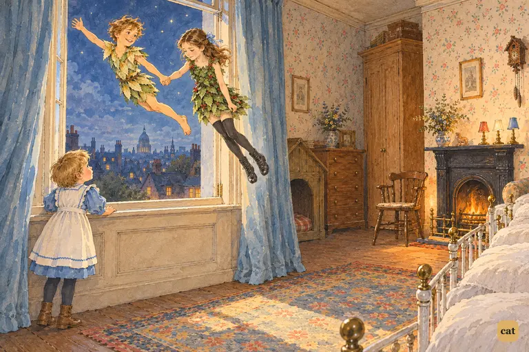 A year on, Wendy flies off with Peter in her too-short frock as Michael watches