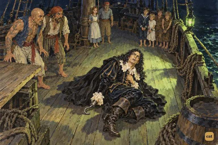 At the crocodile's first tick, Captain Hook crumples to the deck as everyone stares