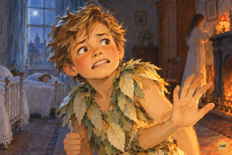 Peter shrinks from the lamp Wendy offers to raise, his arm thrown up against the light.