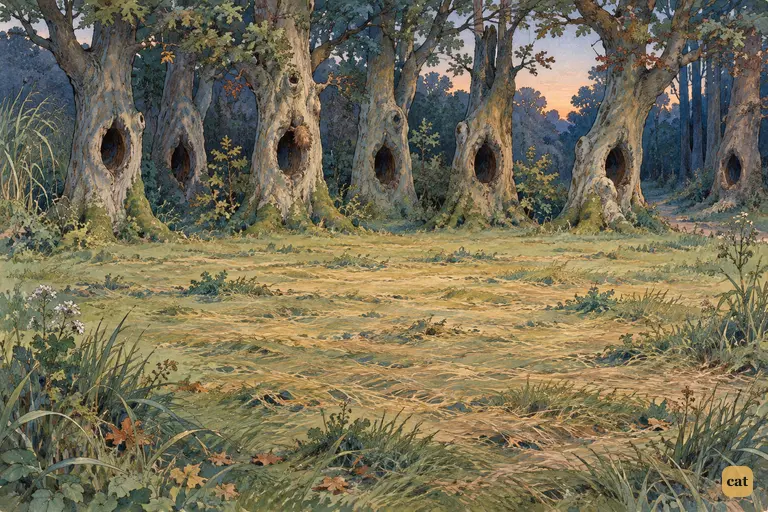 In the empty dusk clearing, seven gnarled trees stand in a row, each with a hollow