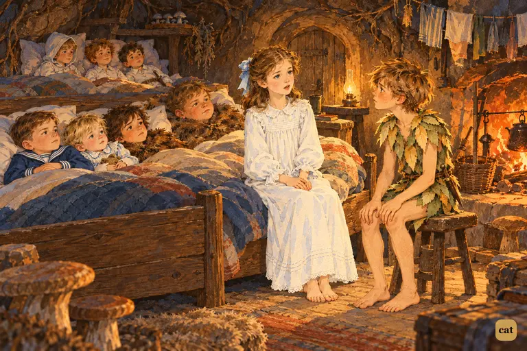 The children lie in bed as Wendy starts her story, while Peter sits on his stool