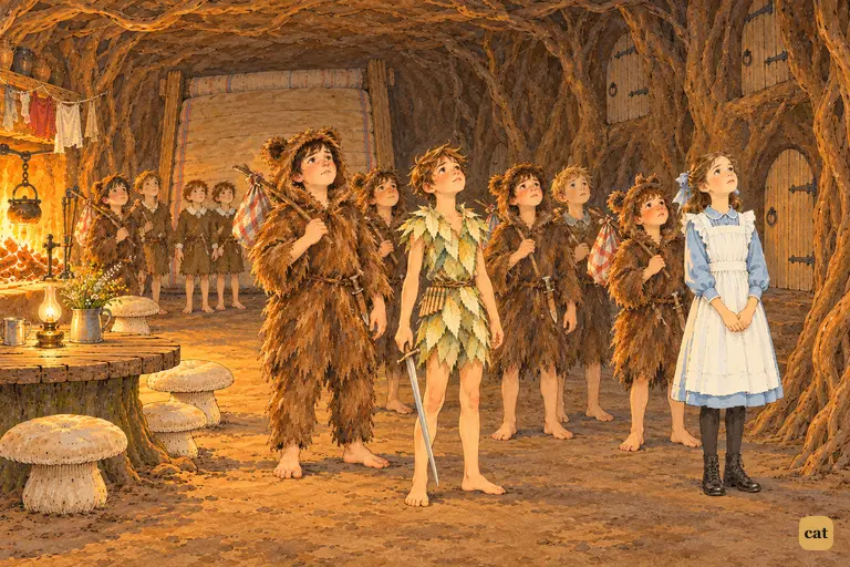 Underground, Wendy and the boys wait, gazing up the tree shafts to hear who has won