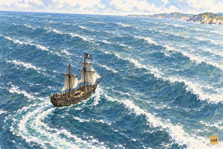 The children's ship comes about on a wide grey-blue sea, bow toward the faint mainland