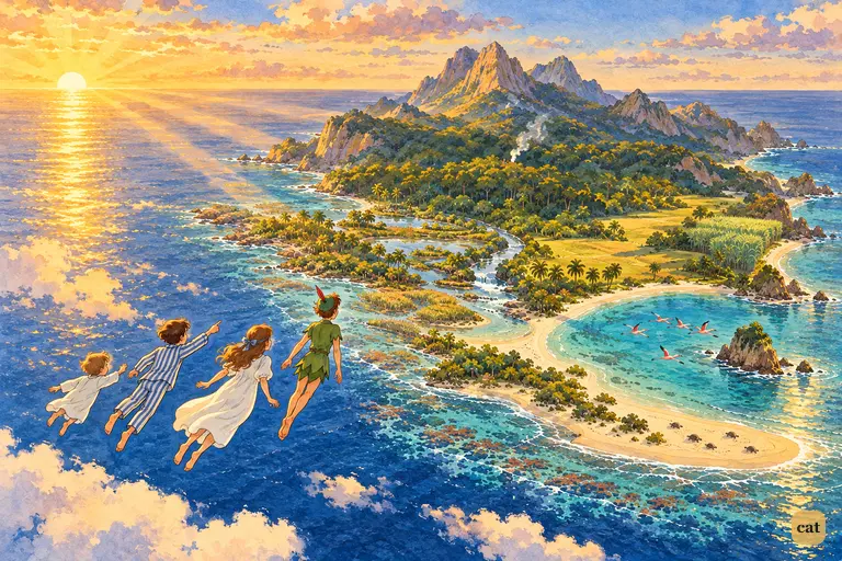From high above, golden sunset rays fan down onto the Neverland like pointing arrows