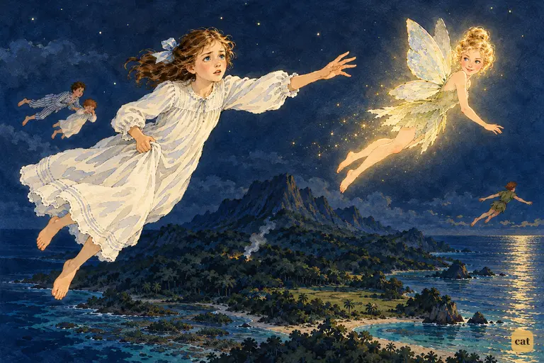 Wendy, tiny in a vast black sky, follows Tinker Bell's golden glow toward her doom