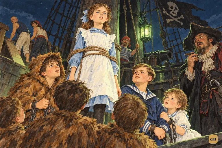 Tied to the Jolly Roger's mast, Wendy speaks her mothers' message to the chained boys