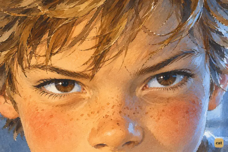 Close-up of Peter's narrowed brown eyes as he turns back to Wendy, hunger glinting