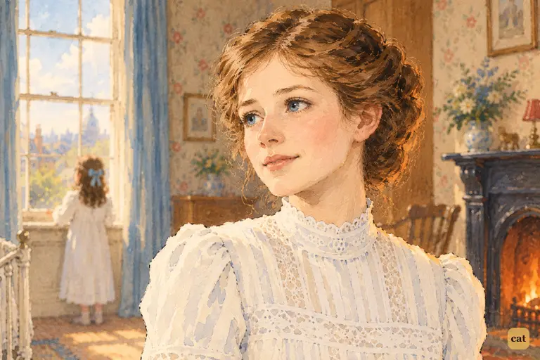 The grown Wendy gazes calmly toward the nursery window with a faint, rueful smile