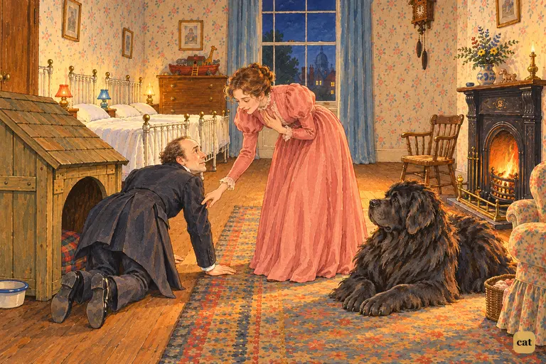 Mr. Darling crawls into the kennel as his wife coaxes him and Nana watches
