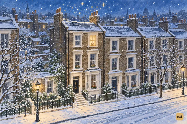 The Darling house at No. 14 on a snowy night, one nursery window glowing under stars