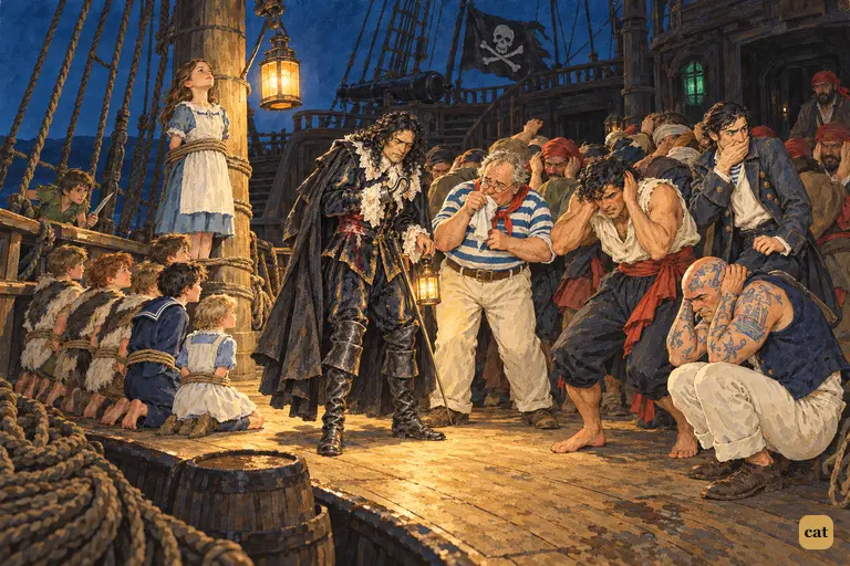 Unseen at the bulwark, Peter finds the pirate crew huddled in dread around their captain