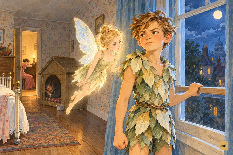 Moved by Mrs. Darling's tears, Peter forces a sneer and grips the nursery window bar