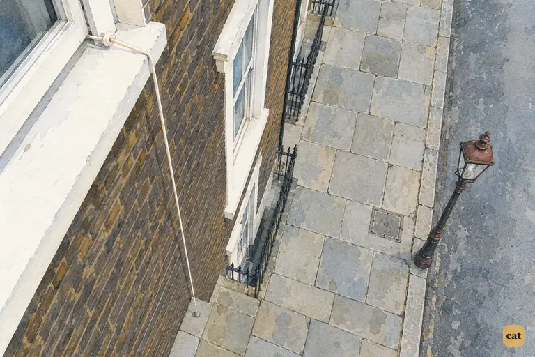 From the nursery sill, a taut tape hangs down the brick wall to the pavement below