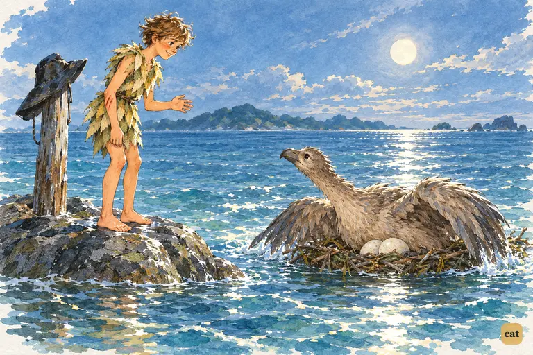 The Never bird steers her floating nest toward the boy stranded on the sinking rock