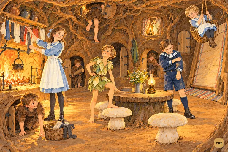 Underground, boys slide up and down the tree shafts as Wendy tends the washing
