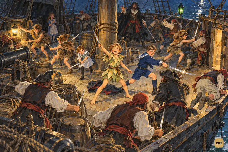 At Peter's shout, the boys hunt the scattering pirates as Hook stands rigid
