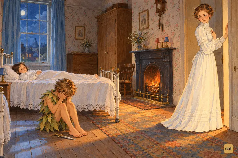 In the night-nursery, Peter sobs on the floor, his dagger fallen beside him