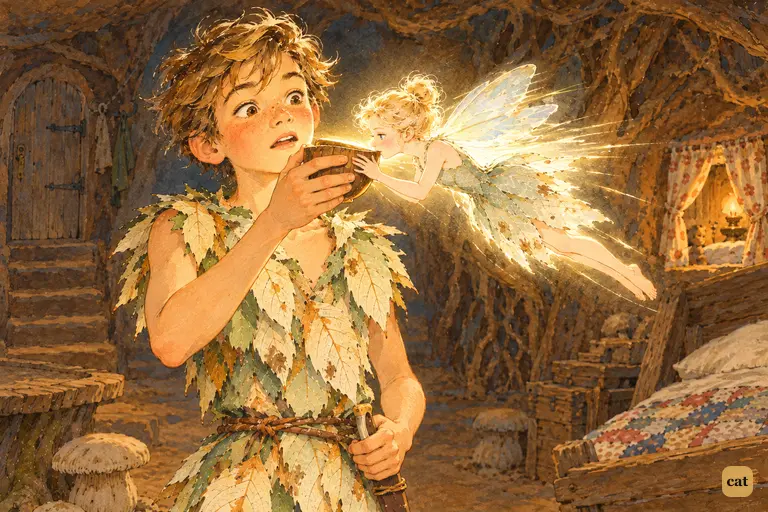 Tink darts between Peter's lips and the poisoned cup, taking the draught meant for him