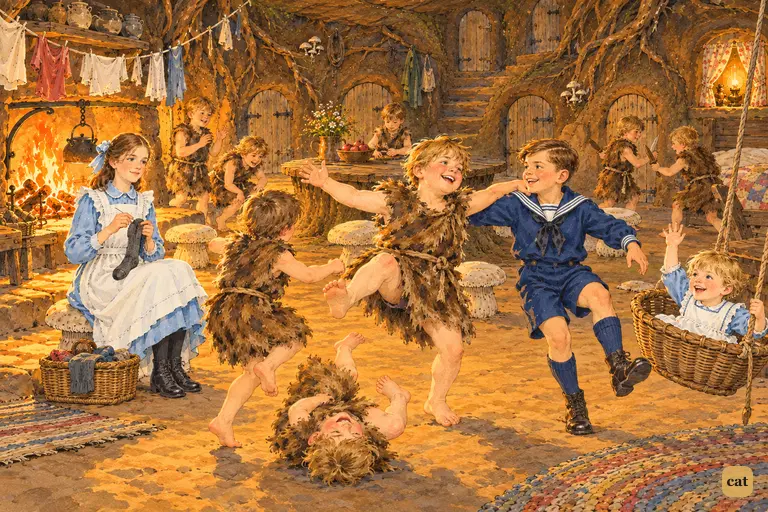 In the firelit underground home, a girl sews as the boys dance and the smallest laughs