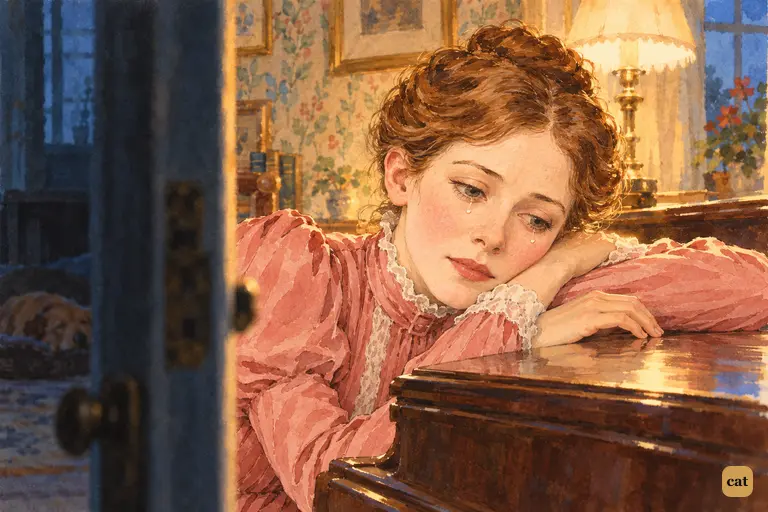 Through the nursery door, a mother lays her head on the piano, two tears on her lashes