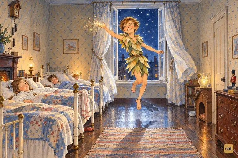 Under starlight, Peter Pan drops in through the nursery window, fairy dust on his hand
