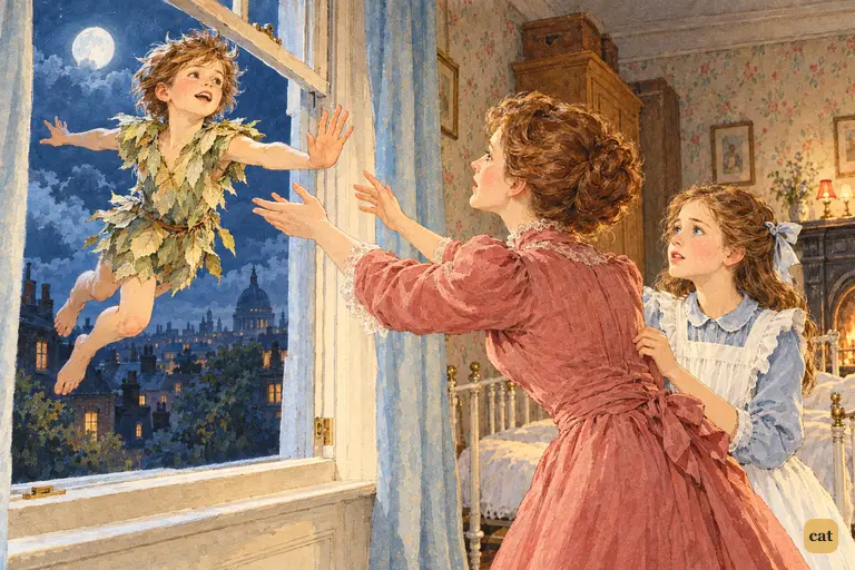 Mrs. Darling reaches out to the hovering boy, who recoils as Wendy watches