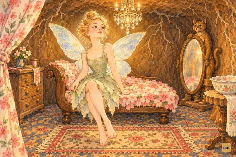 Tink sits haughtily on her tiny Queen Mab couch, glowing among miniature furniture