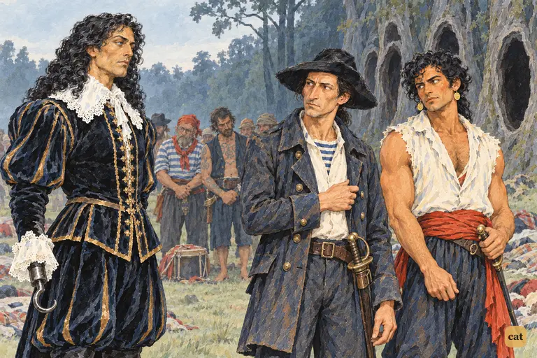 Captain Hook eyes his pirates, choosing the thinnest to ram down the hollow trees