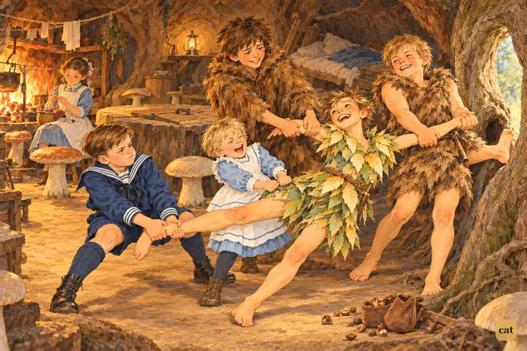 The boys haul a laughing Peter out of his hollow tree as Wendy sews by the hearth
