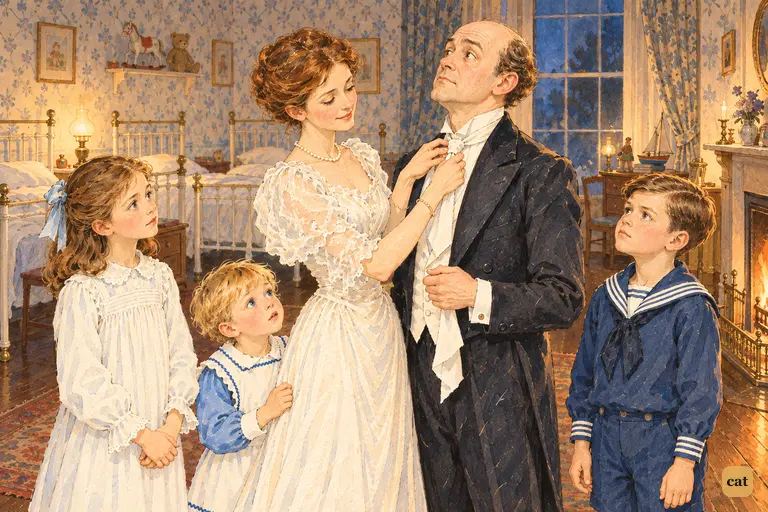 Mrs. Darling calmly ties her husband's tie as Wendy, John and Michael watch