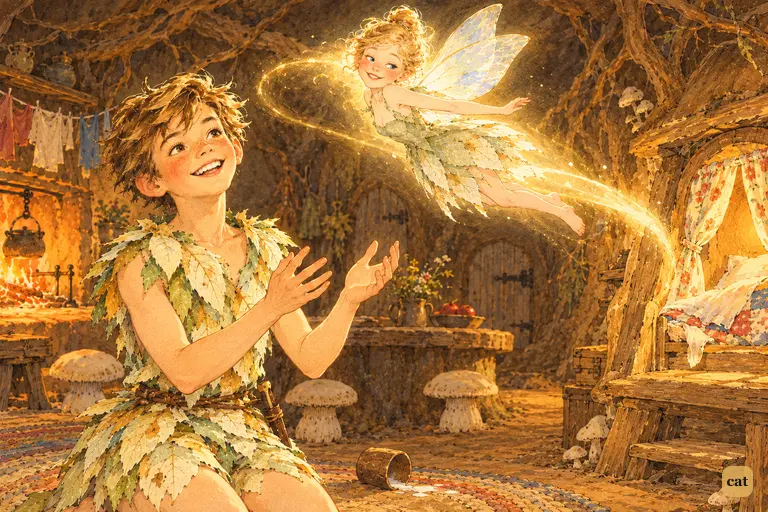 Tinker Bell blazes back to life and loops through the room as Peter kneels and smiles