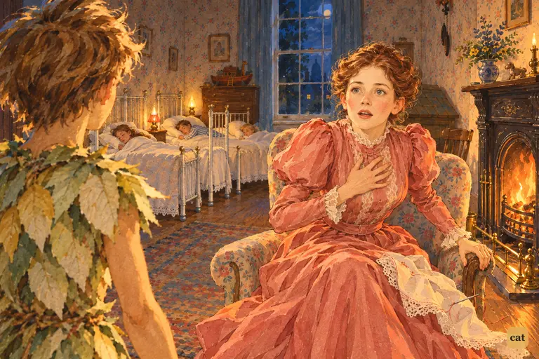 Mrs. Darling wakes with a cry by the nursery fire and recognises the boy as Peter Pan