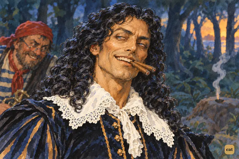 Captain Hook's sly smile breaks into gleeful laughter as he announces the poisoned cake