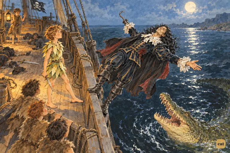 Kicked by Peter, Captain Hook tips backward off the bulwark, arms wide, smiling