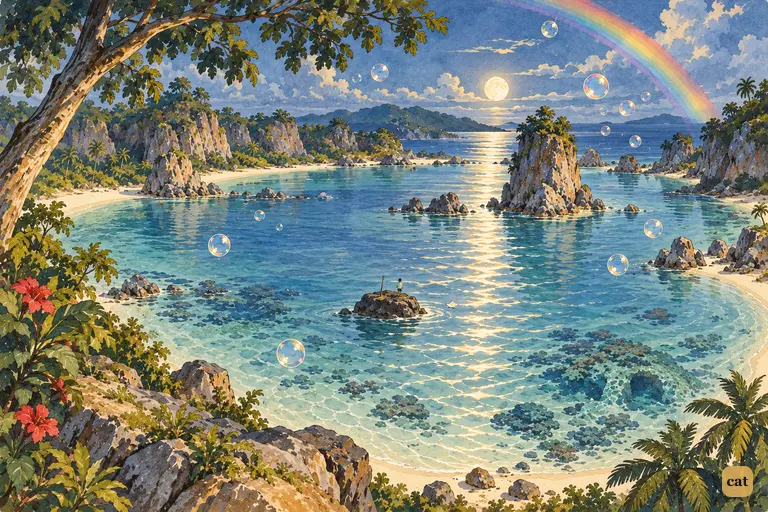 From high above, the Mermaids' Lagoon lies vast and silent under a low rising moon.