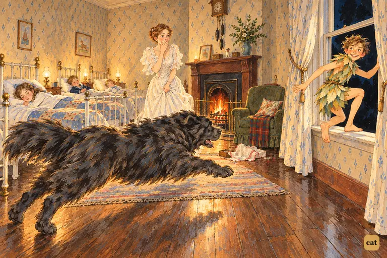 Nana hurls herself across the nursery as the barefoot boy crouches on the sill