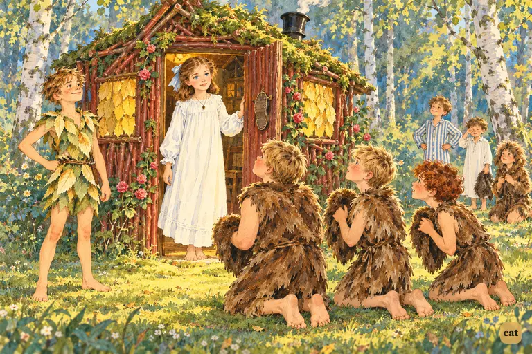 Wendy steps out of the little house; the boys doff caps and Peter looks on proudly
