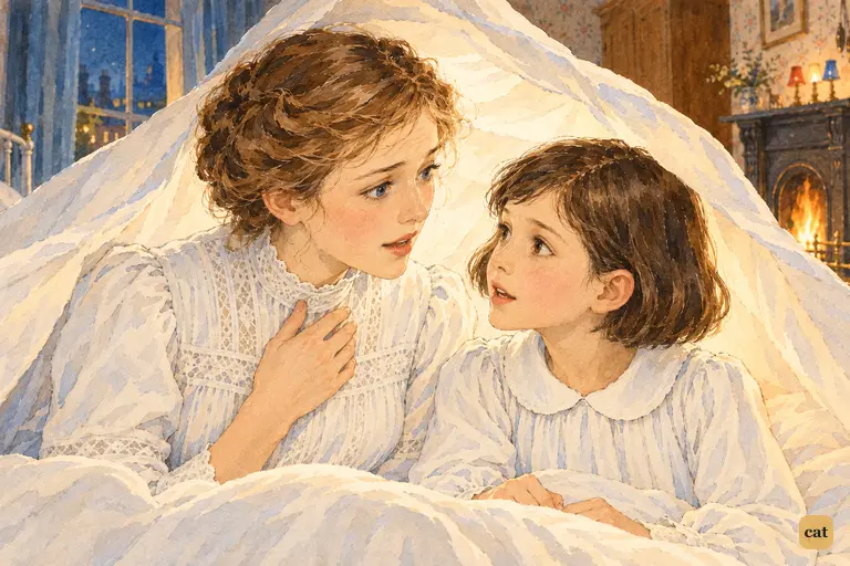 Under the sheet-tent, Wendy draws back as Jane says she hears Peter's crow in her sleep