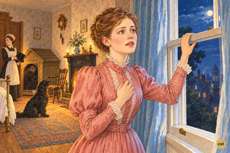 Mrs. Darling stands at the open window in moonlight, keeping it open for her children