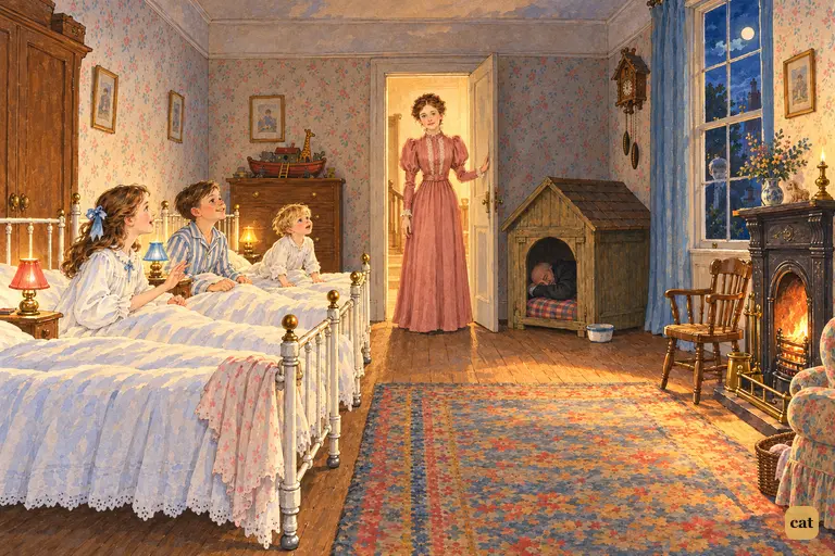 The three children sit up in bed as their mother, in the doorway, thinks them a dream