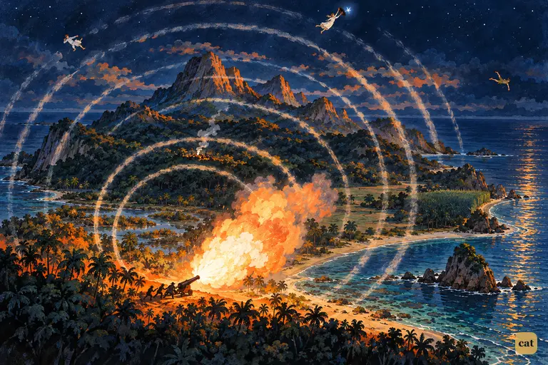Long Tom's orange blast tears the night over the black island as echoes roll