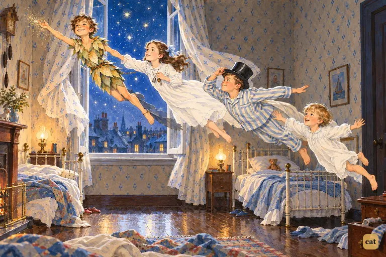 Peter Pan bursts into the starry night, with Wendy, John and Michael streaming after him