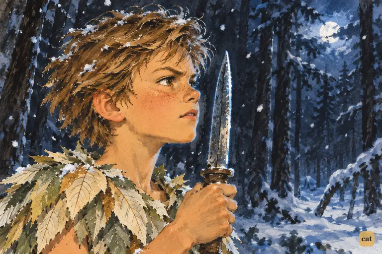 In the snowy night wood, Peter holds up his dagger and swears his oath against Hook