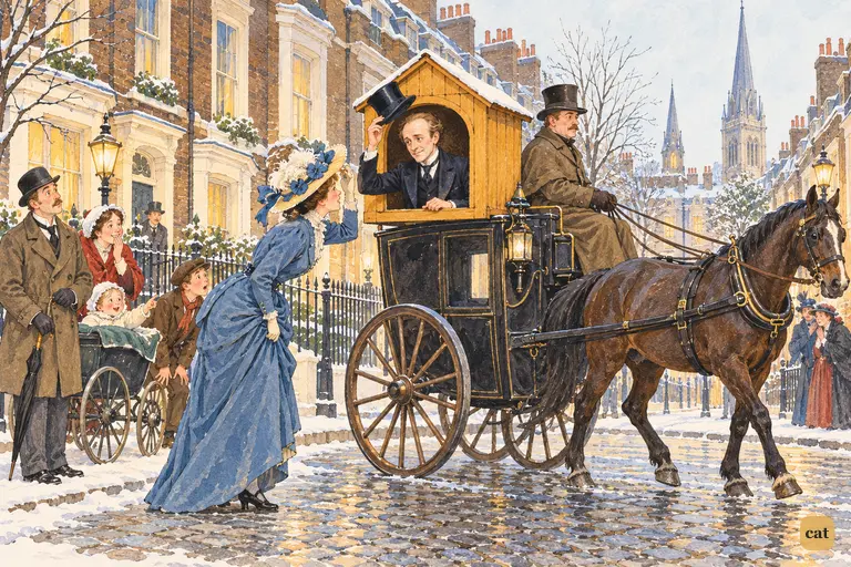 Mr. Darling, in his kennel atop a London cab, lifts his top hat to a peering lady