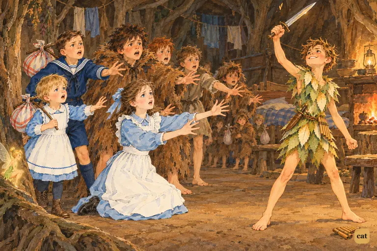 Underground, Wendy and the children freeze, arms out to Peter, as steel clashes overhead