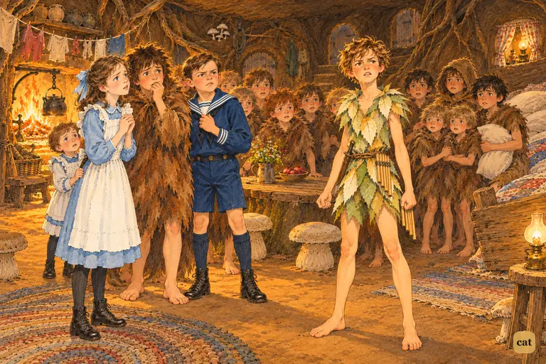 Peter tells of his barred window as the boys and the Darlings close round him in fright