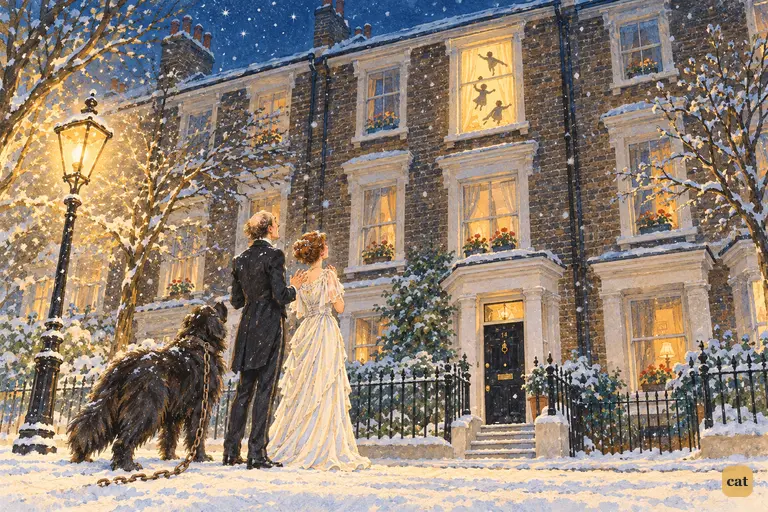 From the snowy street, the Darlings and Nana watch three children circle in the window