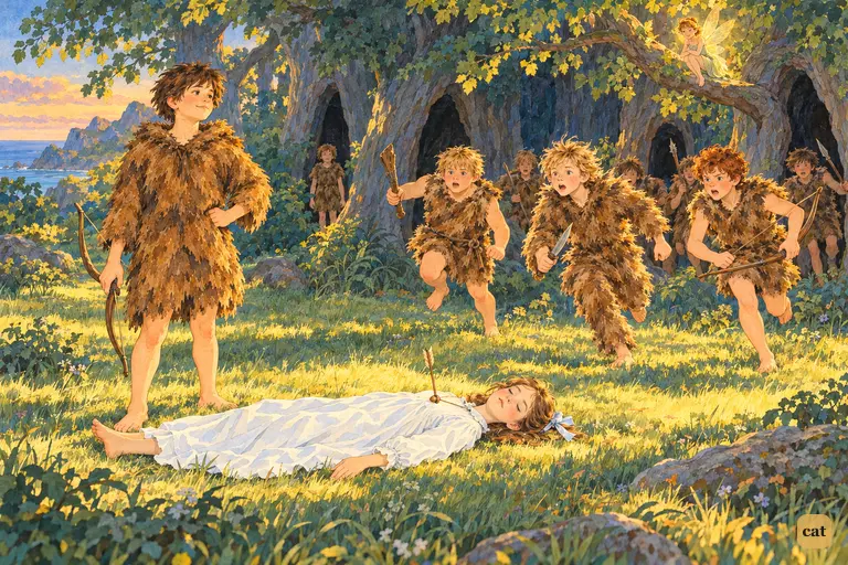 Tootles stands proudly over the fallen Wendy as the other boys burst from the trees