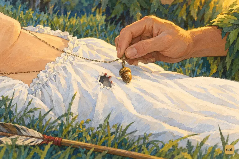 Peter holds up the acorn button beside the hole in Wendy's night-gown, proof she lives